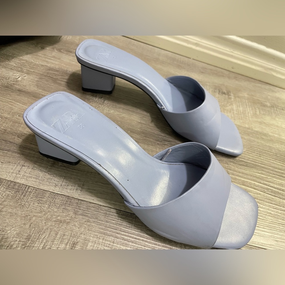 Zara blue block heel square toe mule